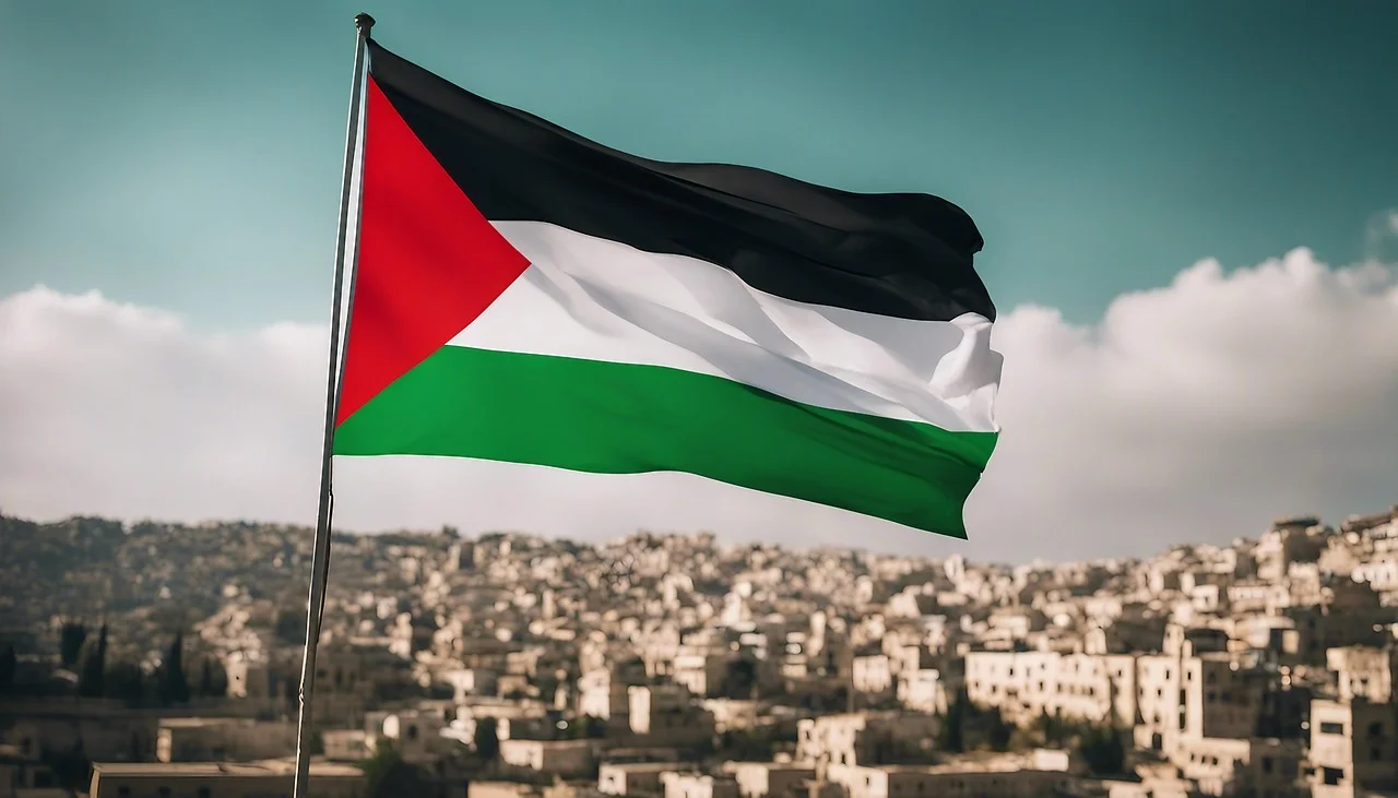 Bandera de Palestina ondeando al viento con una ciudad en el fondo, bajo un cielo parcialmente nublado