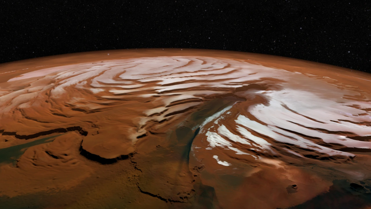 Vista del polo norte de Marte generada con imágenes de Mars Express y datos topográficos de MOLA