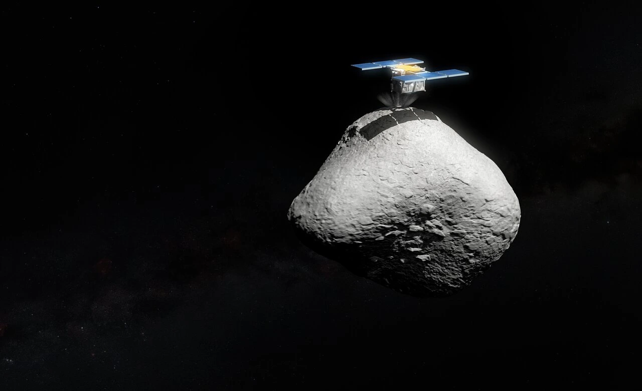 Ilustración artística de la nave japonesa Hayabusa2 aproximándose al asteroide 1998 KY26, comparando el tamaño entre ambos