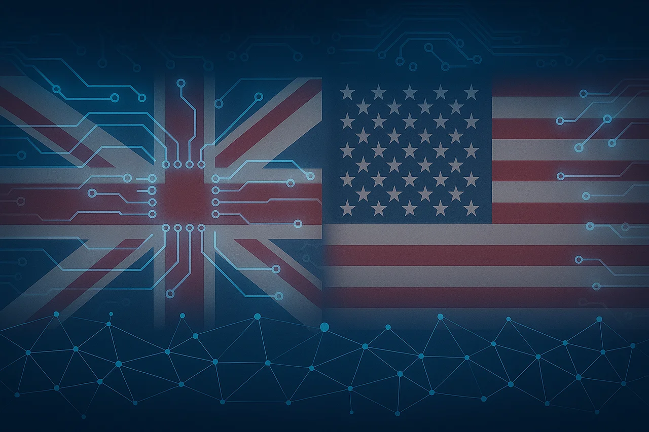 Ilustración digital de las banderas de Reino Unido y Estados Unidos combinadas con un estilo electrónico y futurista, representando cooperación tecnológica