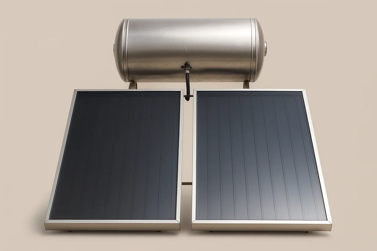 Sistema de energía solar térmica con dos paneles solares planos y tanque de almacenamiento metálico