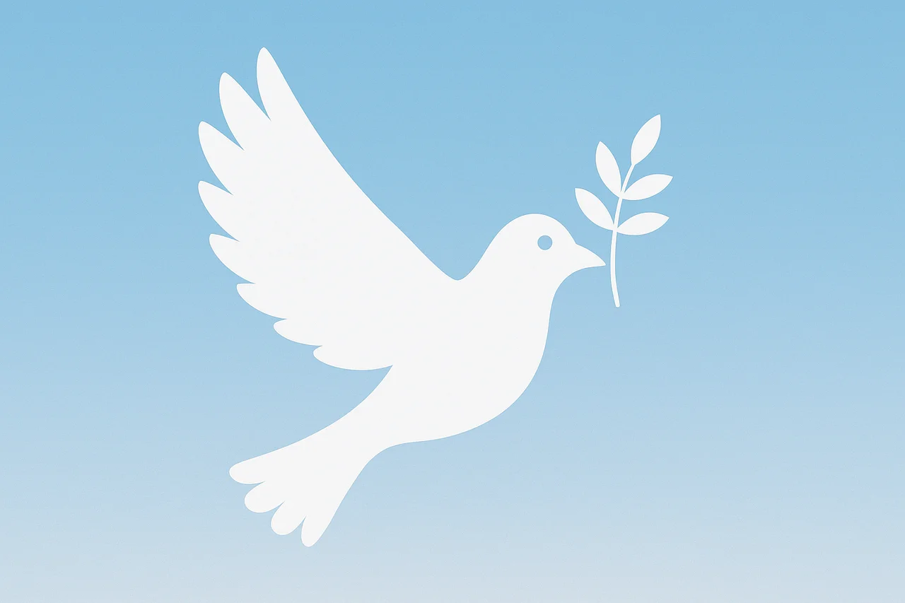 Ilustración minimalista de una paloma blanca con rama de olivo sobre fondo azul, símbolo del Día Internacional de la Paz