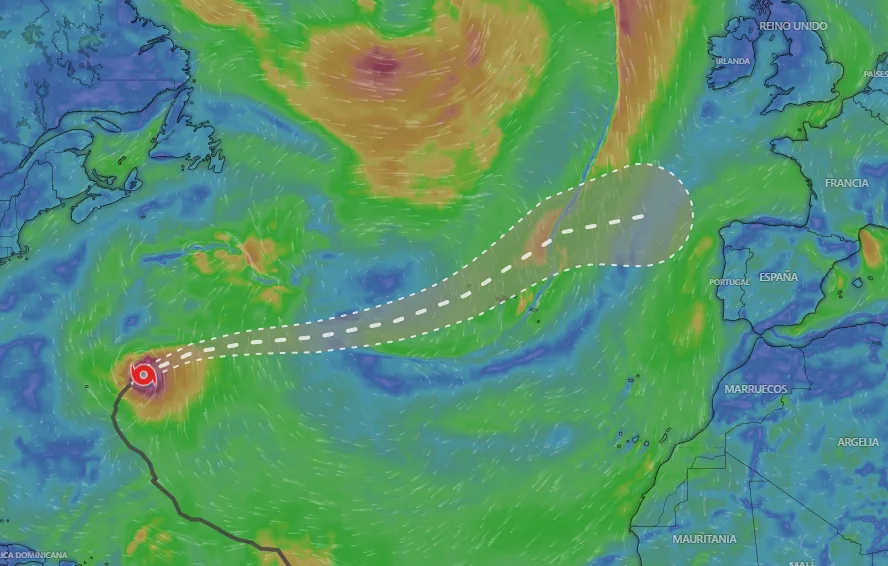 Mapa meteorológico de Windy mostrando el recorrido del huracán Gabrielle en el Atlántico camino a Europa