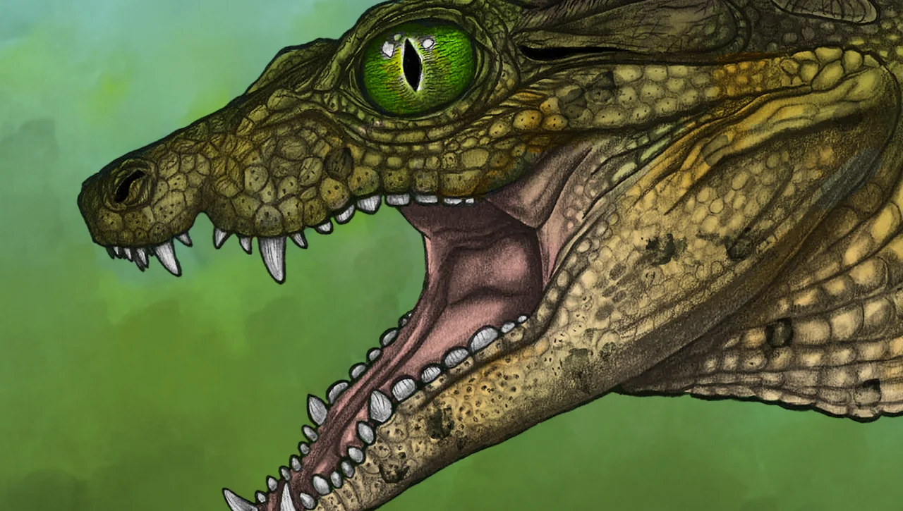 Ilustración del Thikarisuchus xenodentes, un crocodiliforme del Cretácico de Montana con dentadura prominente.
