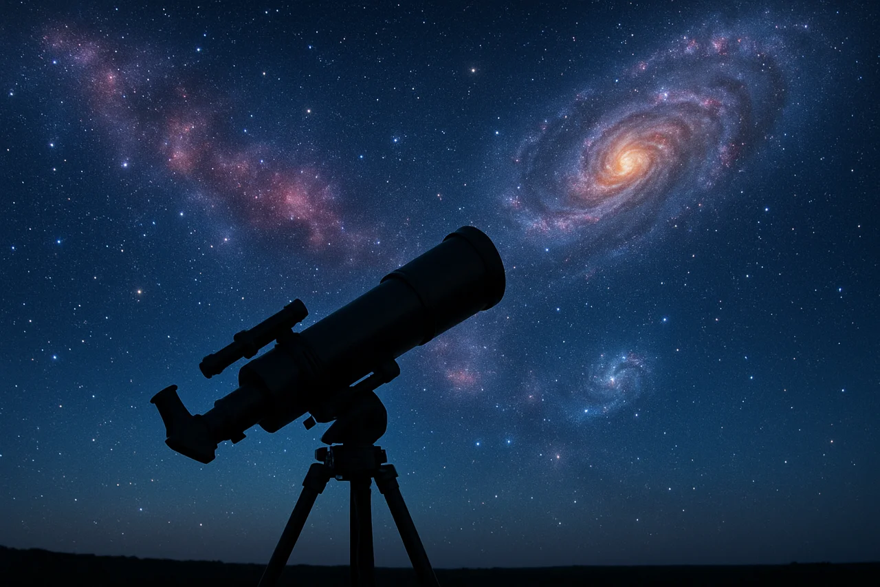 Telescopio en silueta observando un cielo nocturno lleno de estrellas y galaxias