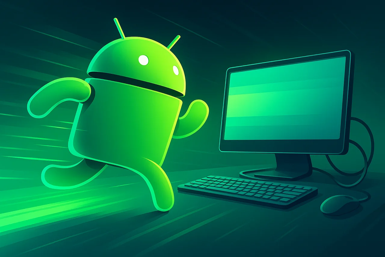 Ilustración creativa del robot de Android corriendo hacia una computadora de escritorio en un entorno digital verde