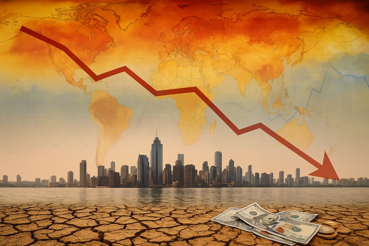 Calentamiento global con mapa en rojo, ciudad inundada, sequía y caída económica