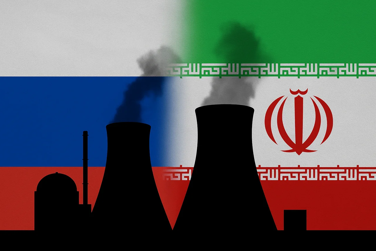 Silueta negra de una planta nuclear con torres de refrigeración frente a las banderas de Rusia e Irán superpuestas como fondo