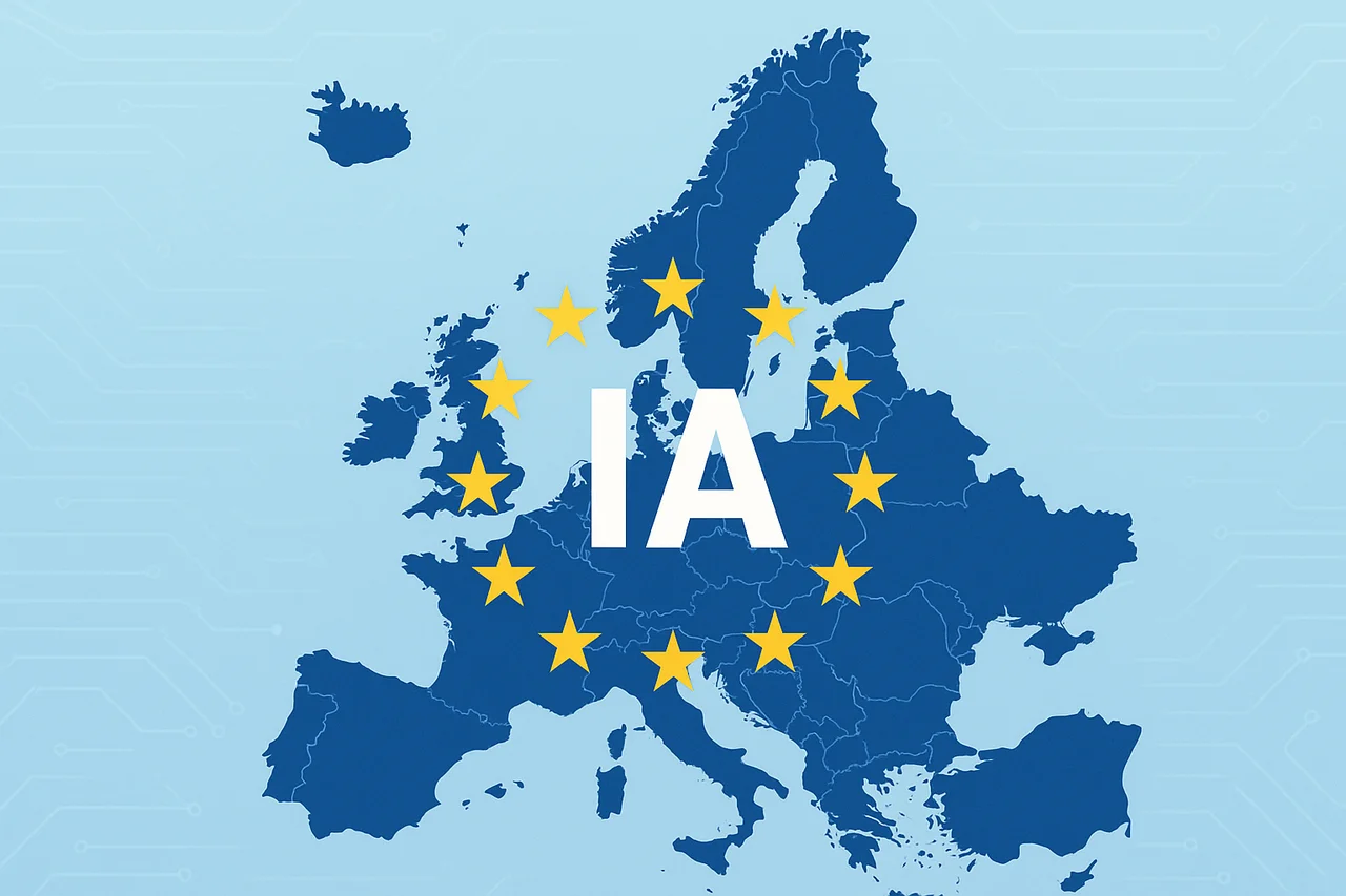 Mapa de Europa azul con estrellas amarillas y el texto “IA” en el centro
