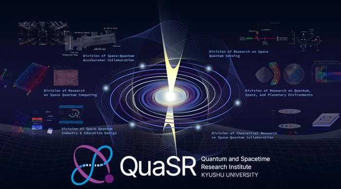 Gráfico del instituto QuaSR de la Universidad de Kyushu con ilustraciones sobre investigación en gravedad, mecánica cuántica y aplicaciones espaciales