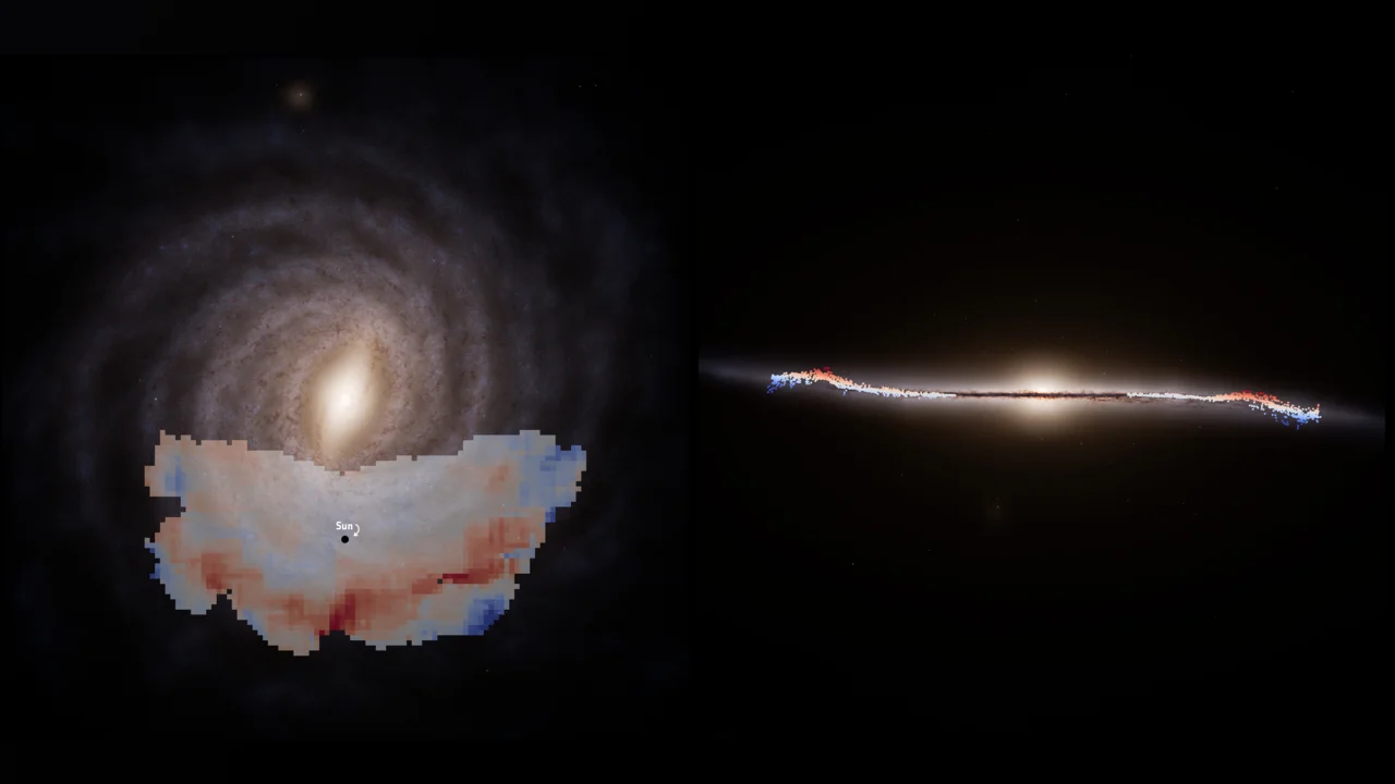Ilustración de la Vía Láctea con una onda galáctica descubierta por Gaia, mostrando estrellas superpuestas y el disco deformado en rojo y azul