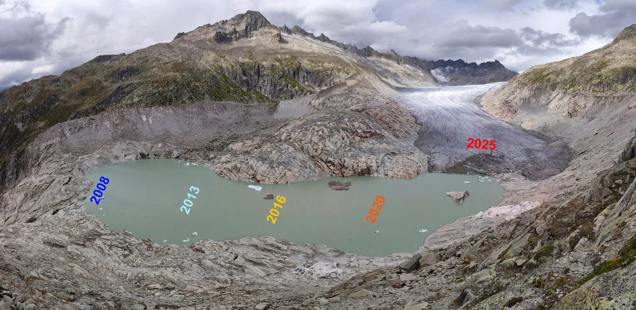 Lago en expansión frente al glaciar del Ródano en Suiza debido al retroceso del hielo