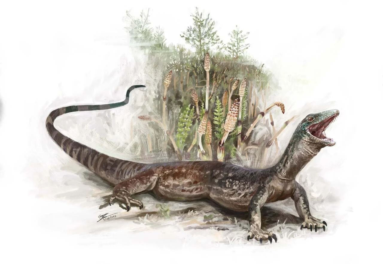 Reconstrucción artística de Breugnathair elgolensis en su ecosistema jurásico