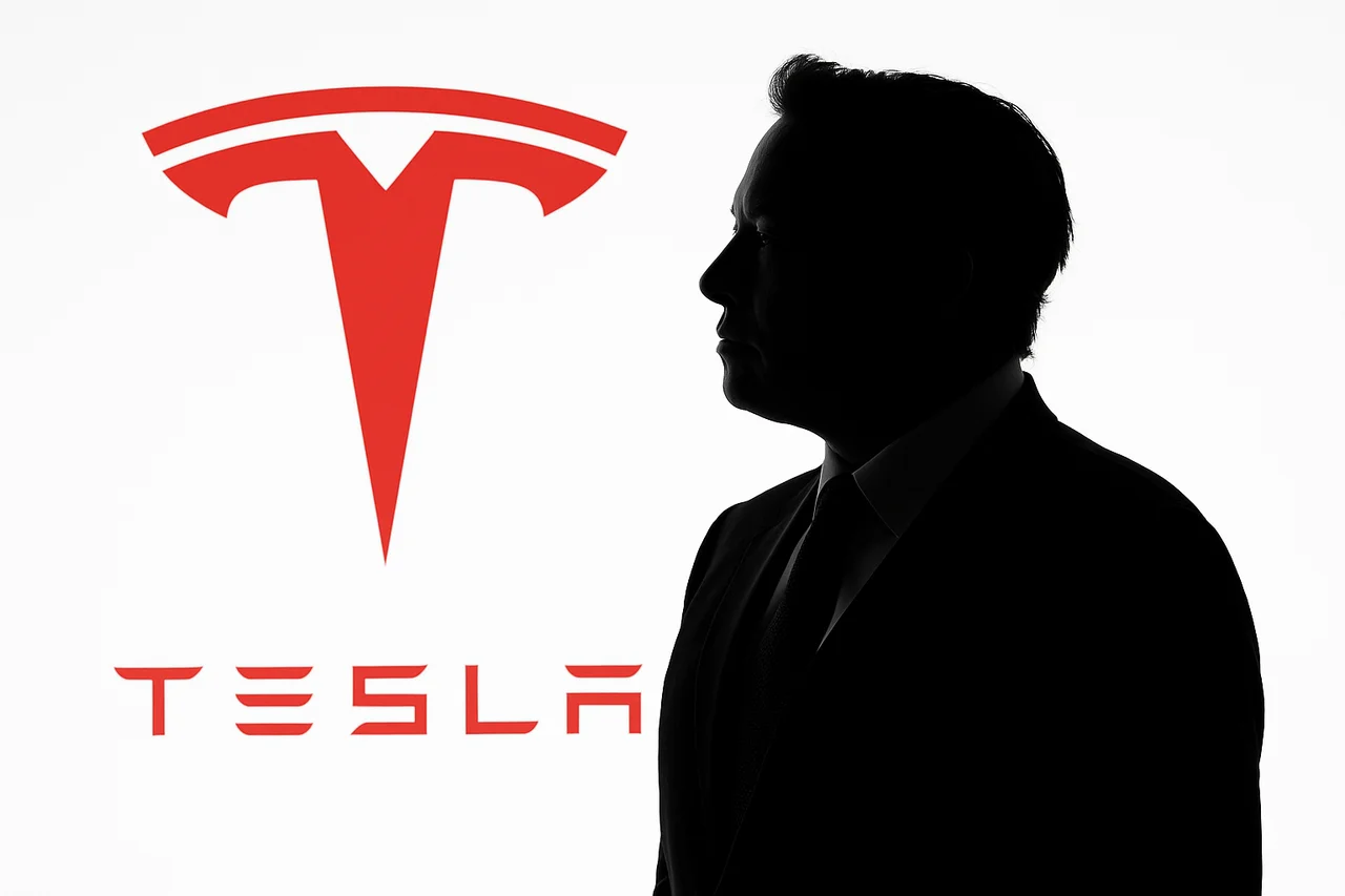 Silueta en negro de Elon Musk en perfil, con fondo blanco y el logotipo rojo de Tesla centrado detrás de él