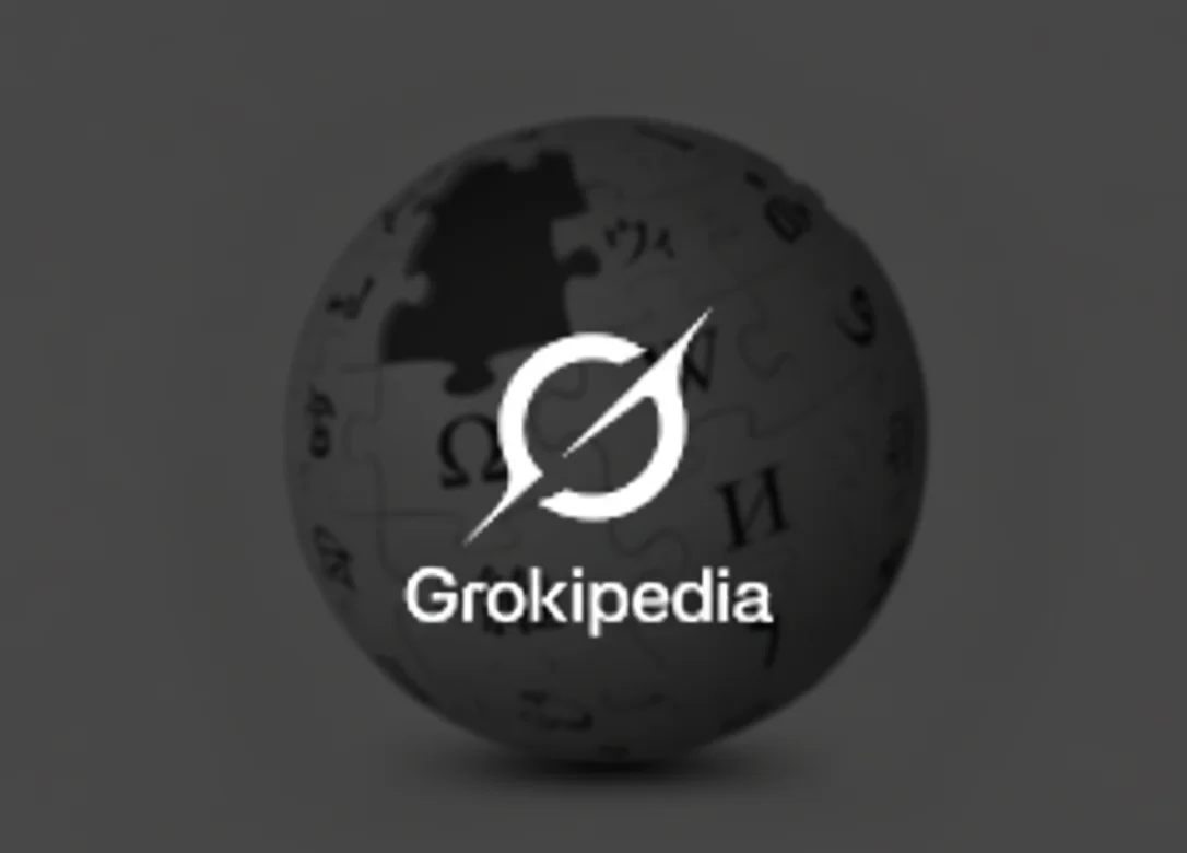 Logo de Grokipedia sobre un fondo difuminado de la esfera de Wikipedia