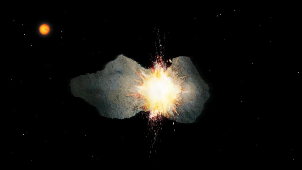 Ilustración que muestra dos asteroides colisionando en el espacio, con fragmentos y polvo expulsados tras el impacto