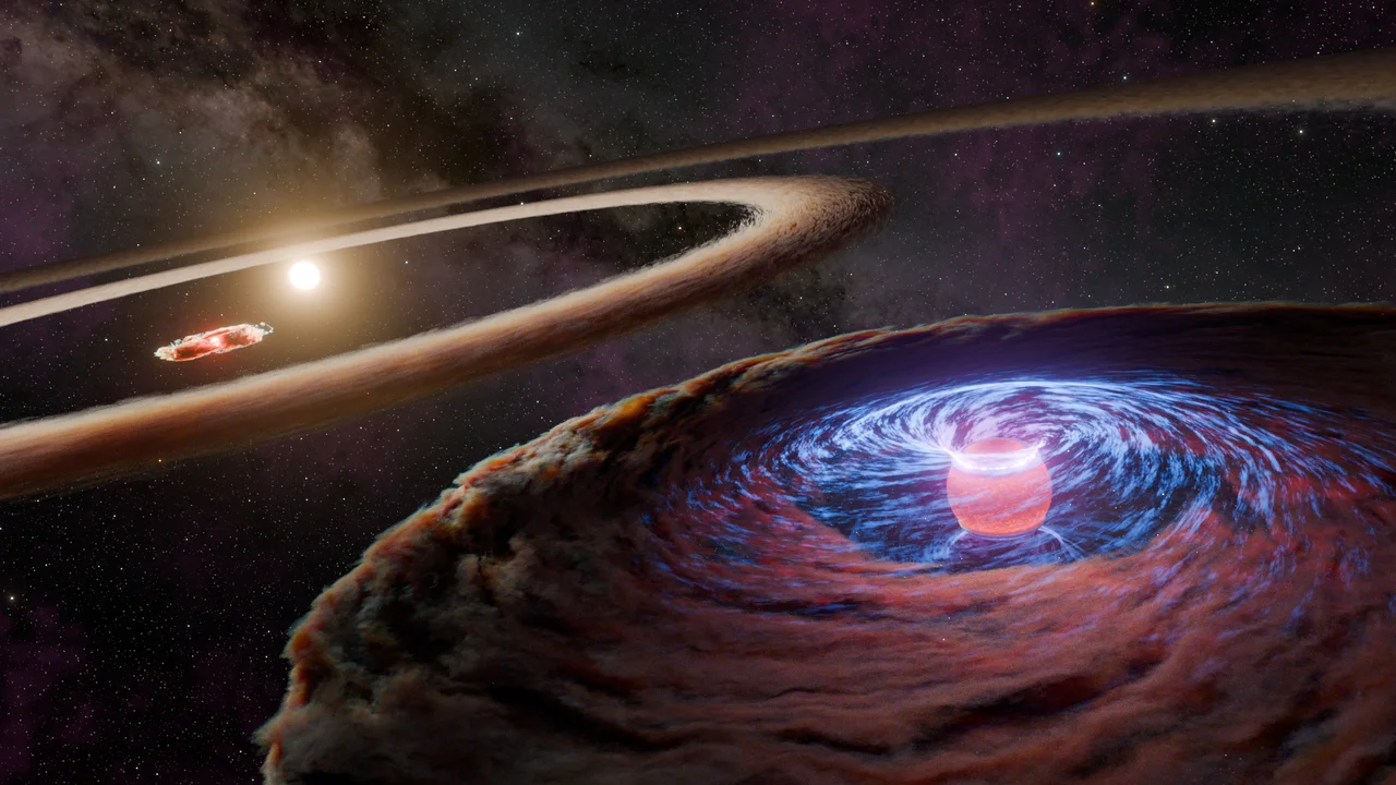 Ilustración del protoplaneta WISPIT 2b acumulando material mientras orbita a su estrella WISPIT 2, rodeado por un disco de polvo y gas incandescente