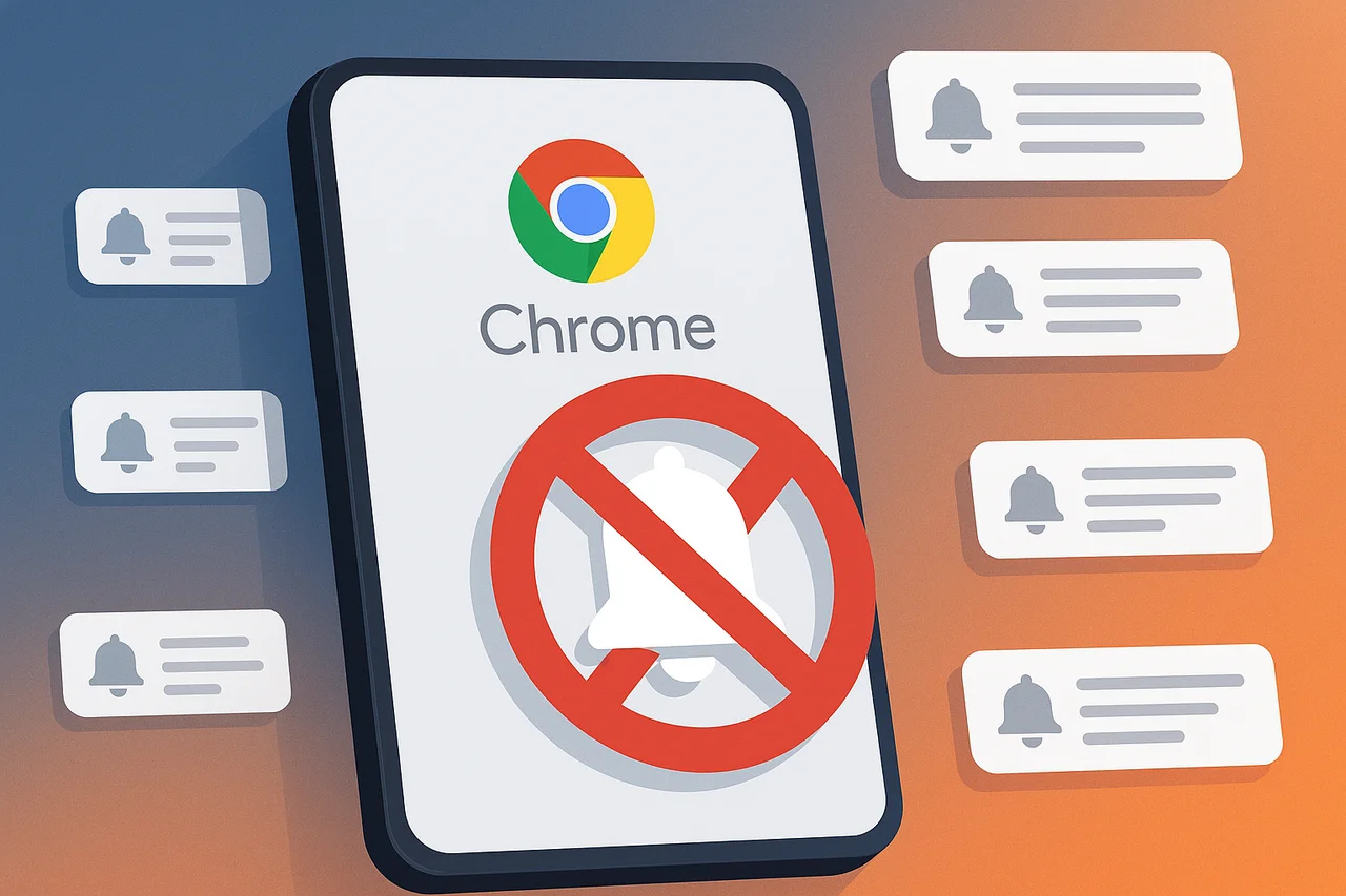 Google Chrome bloqueando notificaciones web con una campana tachada sobre fondo degradado azul y naranja