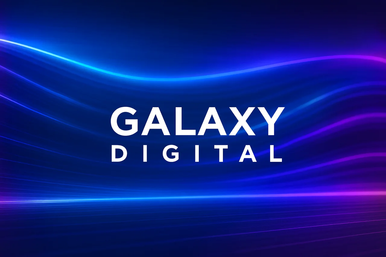 Texto centrado de Galaxy Digital sobre un fondo azul y violeta con ondas de luz y estilo tecnológico futurista
