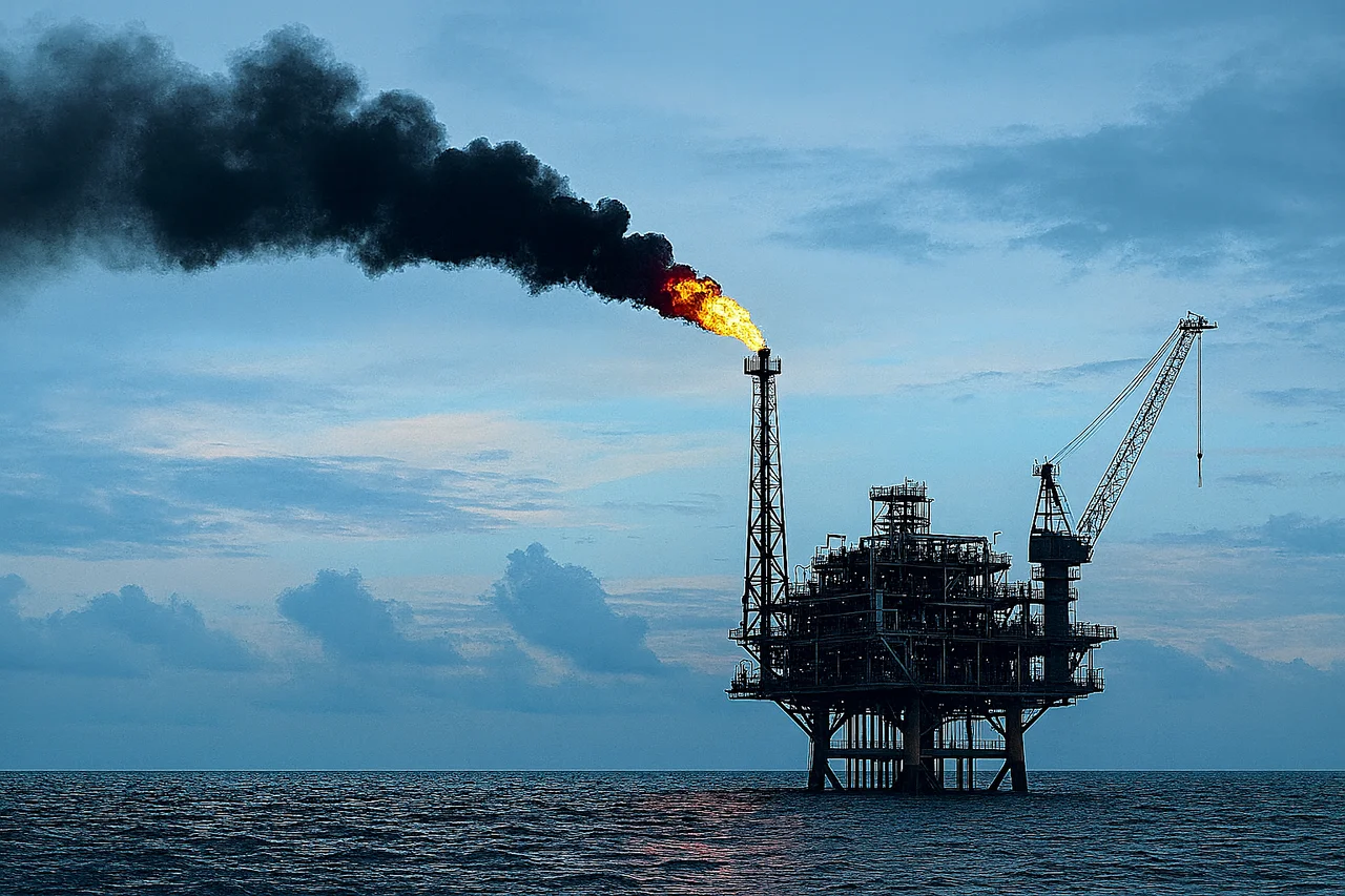 Plataforma de gas en medio del mar con antorcha encendida y humo negro bajo un cielo azul diurno