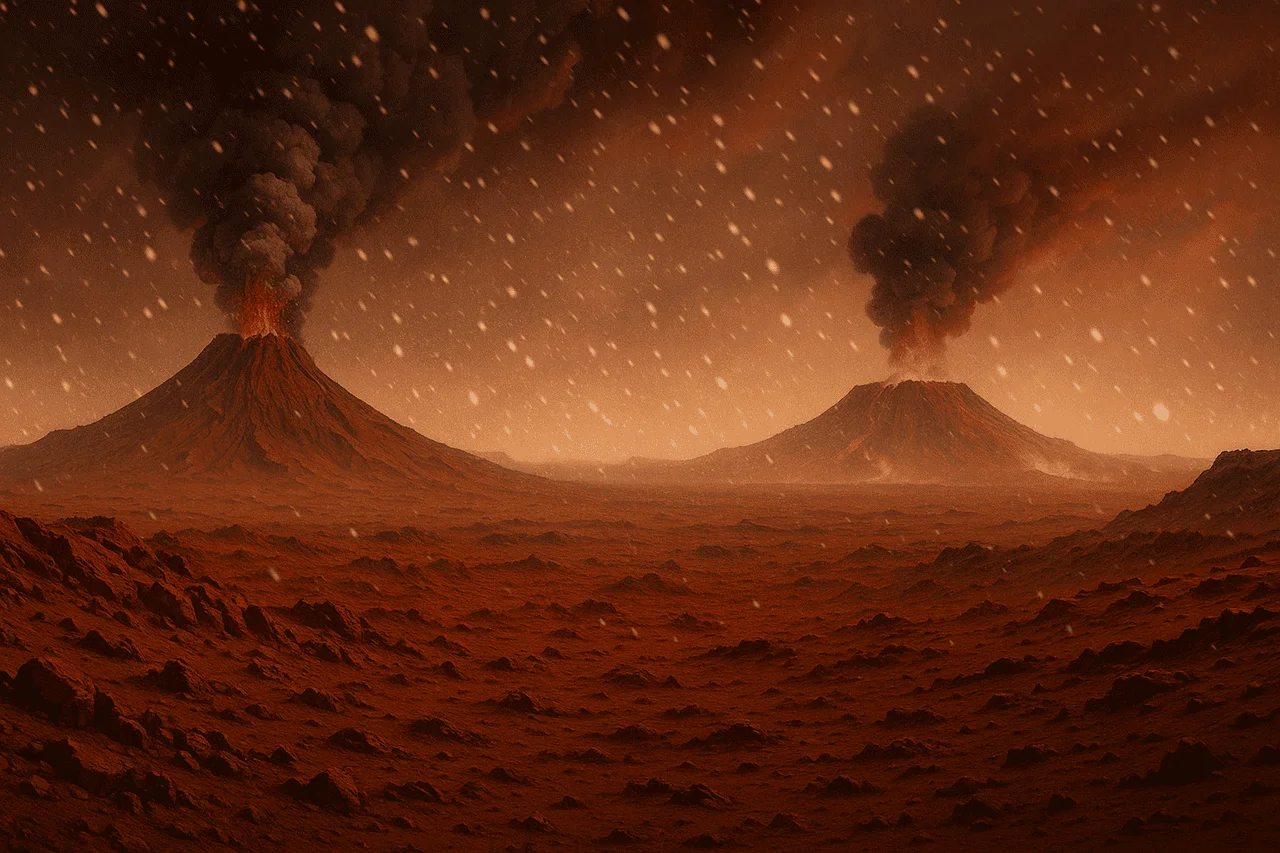 Erupciones volcánicas en Marte lanzando ceniza y lava sobre el terreno ecuatorial