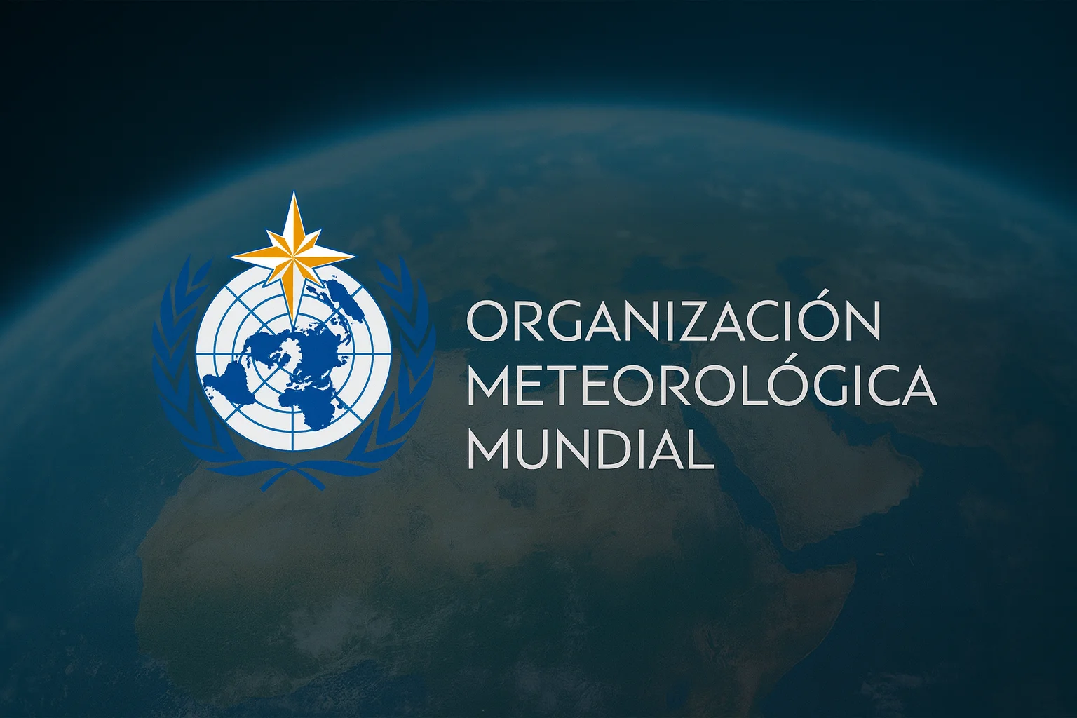Logotipo de la Organización Meteorológica Mundial sobre la vista del planeta Tierra