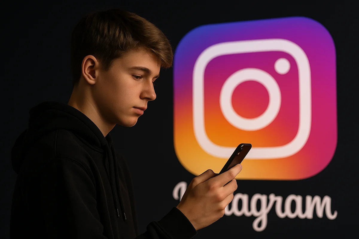 Joven usando un teléfono móvil frente al logotipo de una red social
