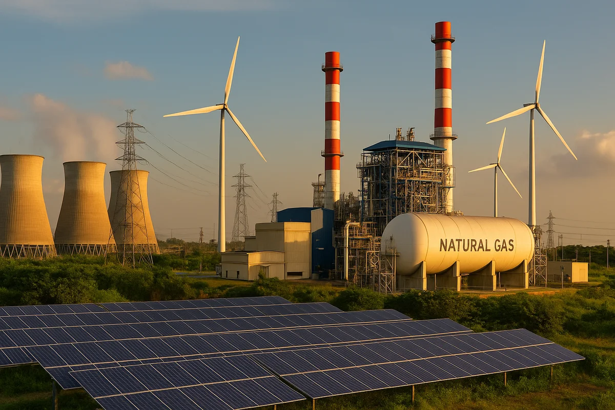 Planta de gas natural junto a paneles solares y aerogeneradores bajo el sol