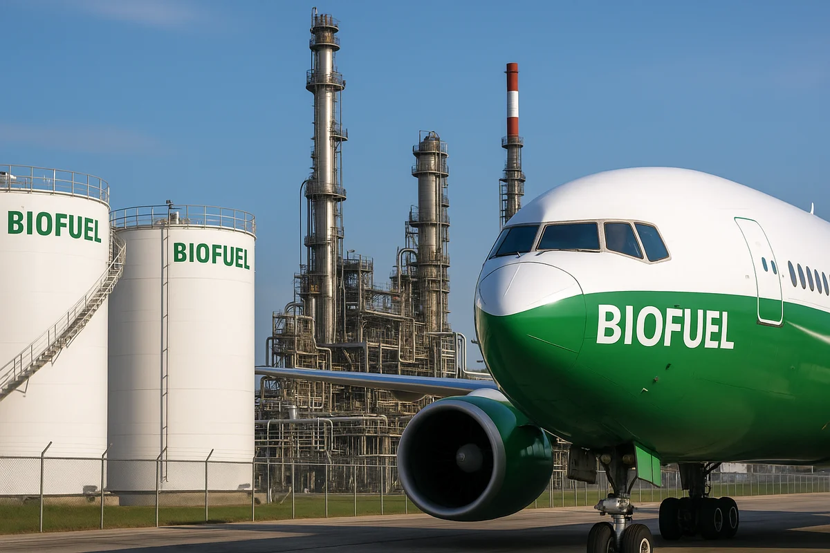 Avión con diseño verde frente a una planta industrial con tanques de biocombustible