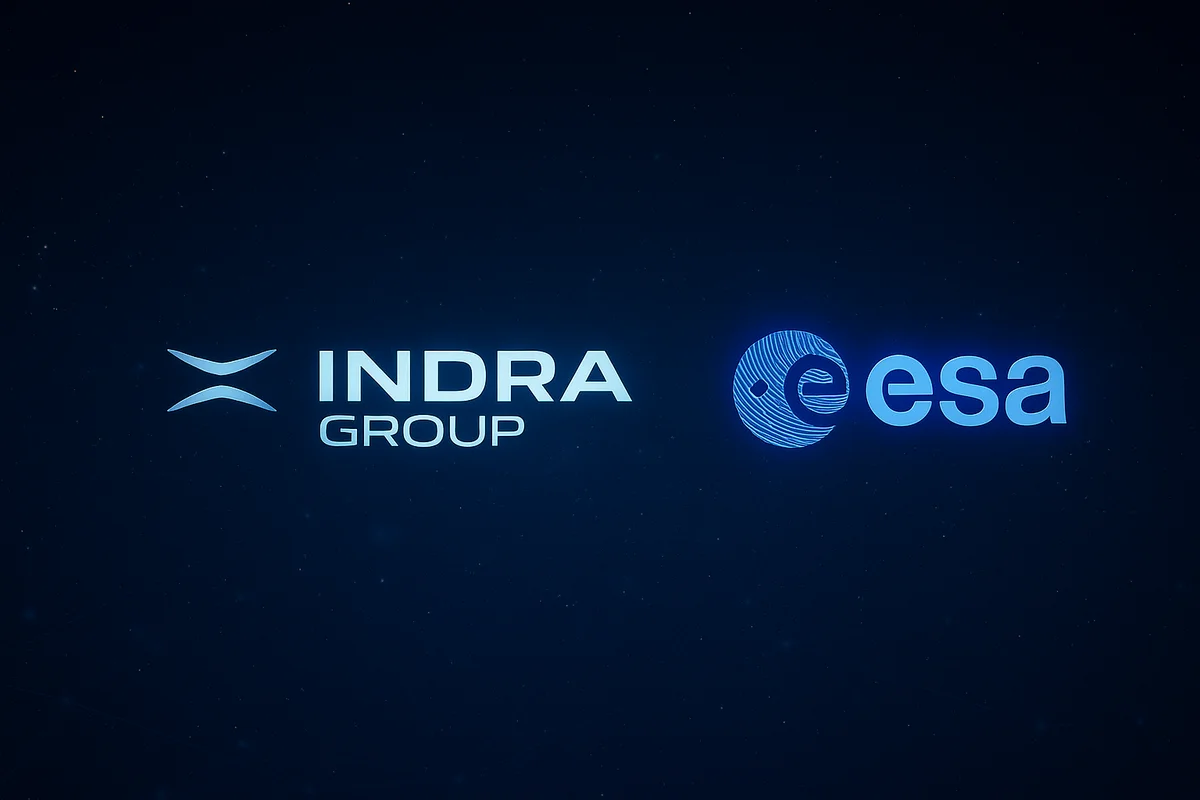 Logotipos de Indra Group y la Agencia Espacial Europea sobre fondo azul oscuro