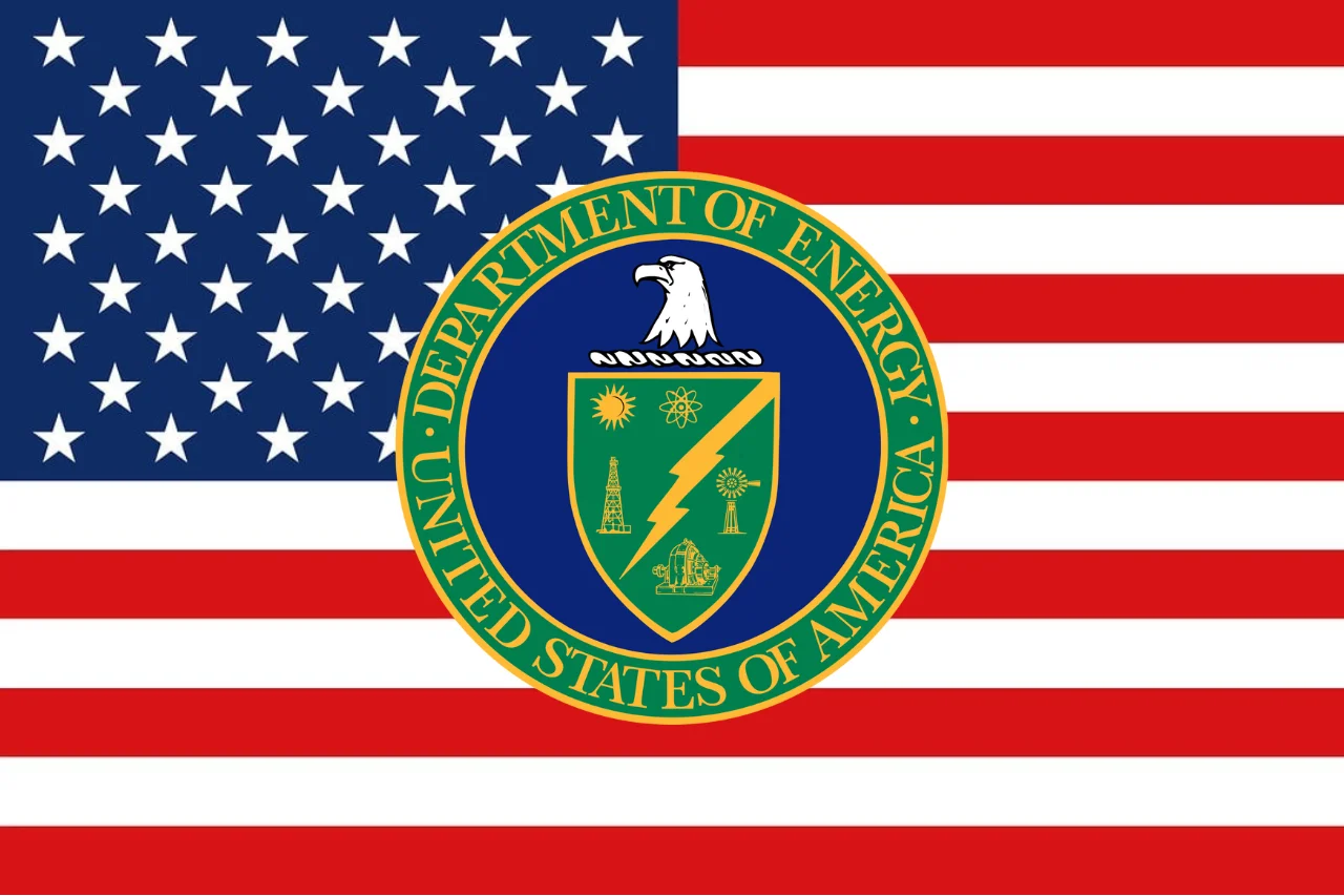 Emblema del Departamento de Energía de los Estados Unidos sobre la bandera estadounidense