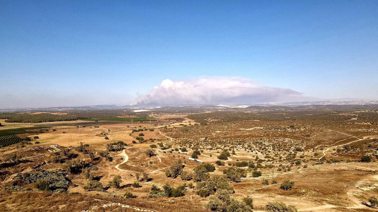 Columna de humo de un incendio forestal en el horizonte sobre un paisaje árido