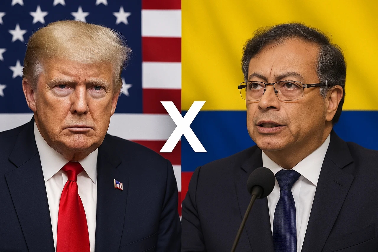 Ilustración digital de Donald Trump y Gustavo Petro con las banderas de Estados Unidos y Colombia al fondo