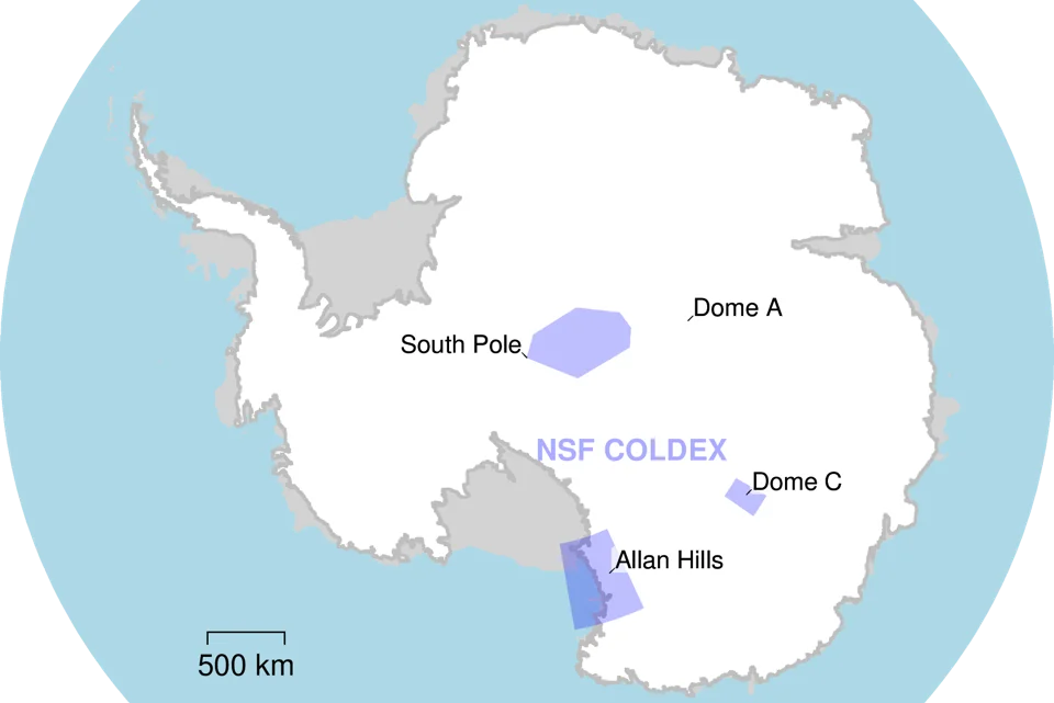 Mapa que muestra las zonas de trabajo del proyecto NSF COLDEX en la Antártida, con rutas desde la Estación del Polo Sur hacia Domo A y Allan Hills
