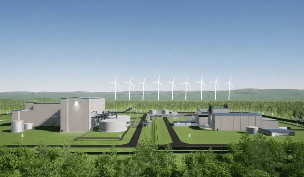 Diseño del reactor Natrium con aerogeneradores al fondo, simbolizando la integración de energía nuclear y renovable