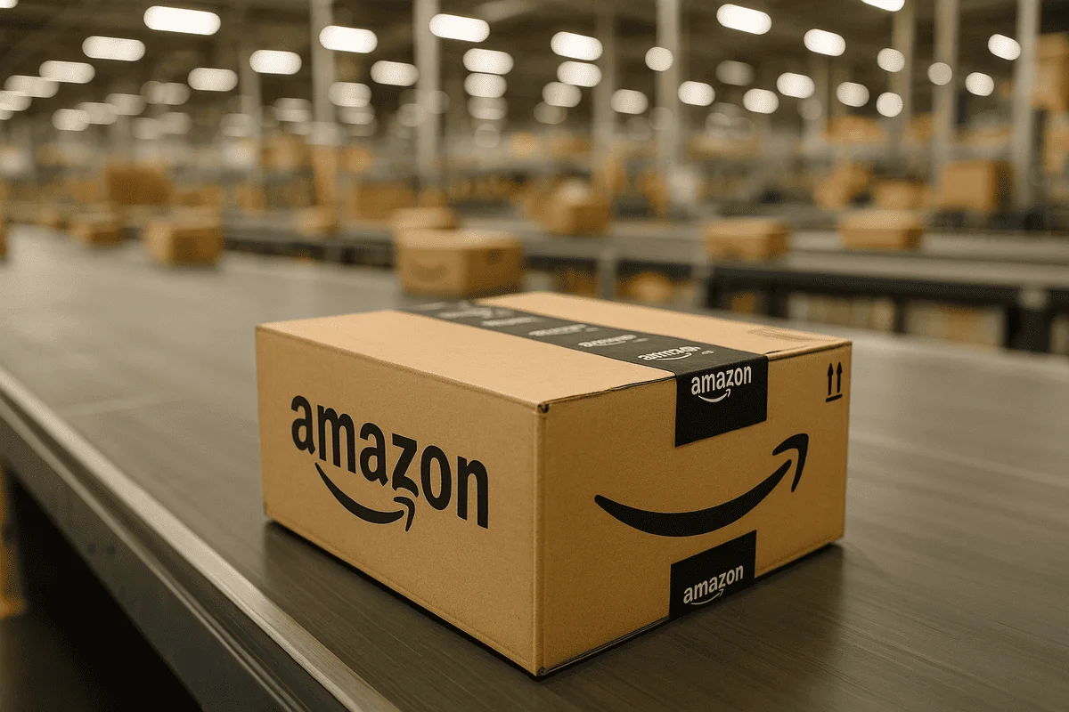 Caja de Amazon en una cinta transportadora dentro de un centro logístico con luces difusas al fondo