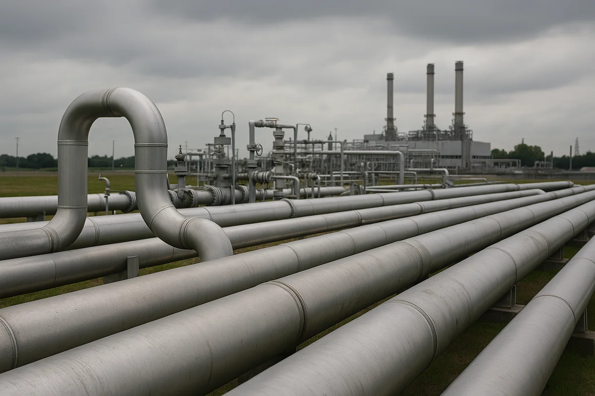 Red de tuberías de gas natural al aire libre, utilizada para el transporte y almacenamiento energético