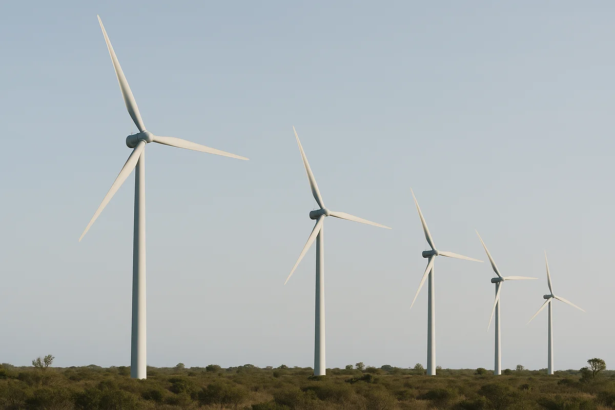 Filas de aerogeneradores en funcionamiento sobre un terreno verde bajo un cielo despejado