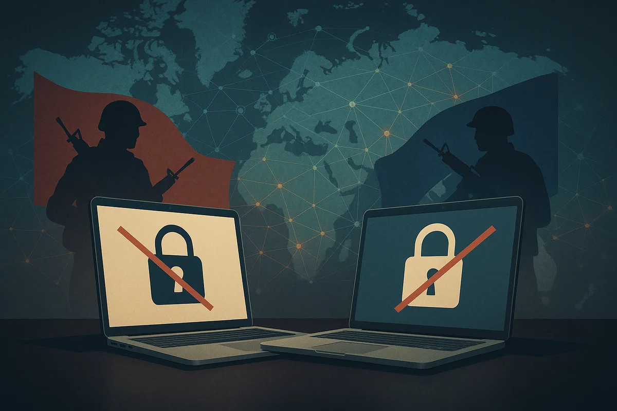 Ilustración realista de guerra cibernética entre países, con dos portátiles enfrentados, siluetas de soldados y un mapa mundial conectado por redes digitales en tonos azul y rojo
