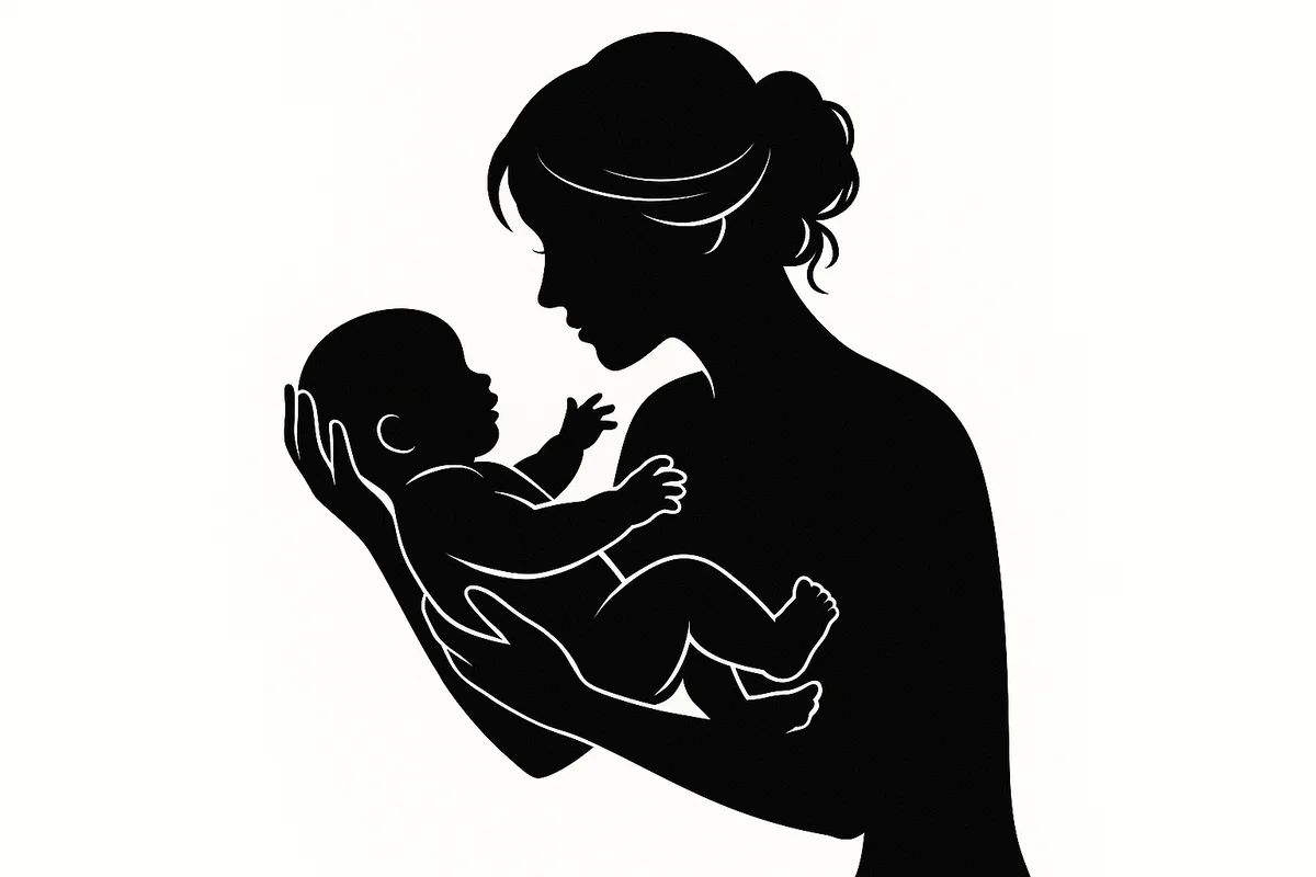 Ilustración artística en blanco y negro que muestra la silueta de una madre sosteniendo a su bebé en brazos