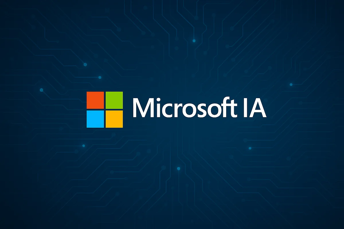 Logotipo de Microsoft sobre fondo azul con trazos de circuito tecnológico