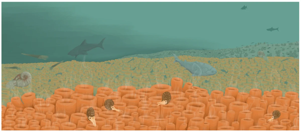 Recreación del fondo marino del oeste de Estados Unidos cubierto por extensas praderas de esponjas naranjas, con peces y moluscos antiguos nadando alrededor