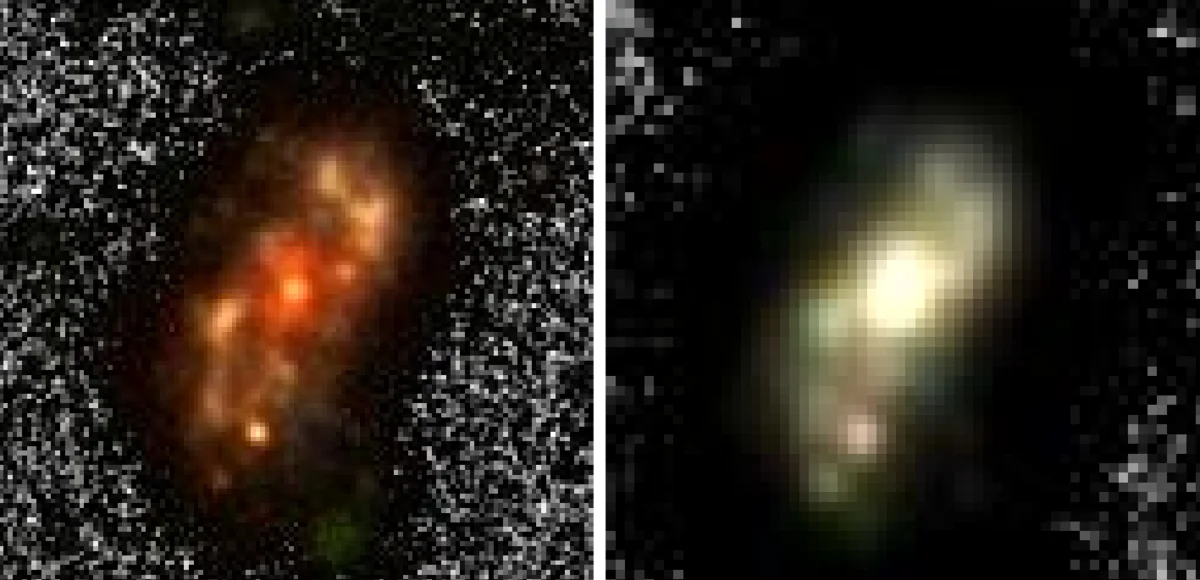 Comparación de la galaxia Alaknanda en filtros ultravioleta y ópticos mostrando diferencias en sus brazos espirales