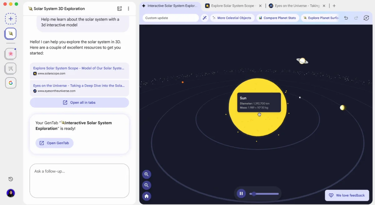 Vista de Disco mostrando una GenTab con un modelo interactivo del sistema solar generado por IA