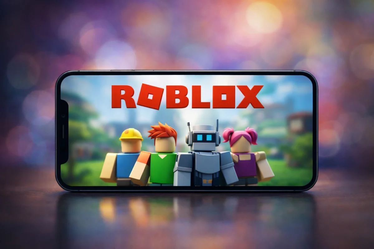 Pantalla de un móvil mostrando el videojuego Roblox con varios personajes en primer plano
