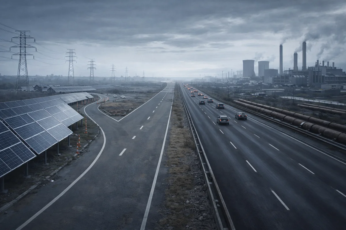 Carretera industrial que se divide entre un camino con energías renovables en desarrollo y otro dominado por infraestructuras fósiles tradicionales