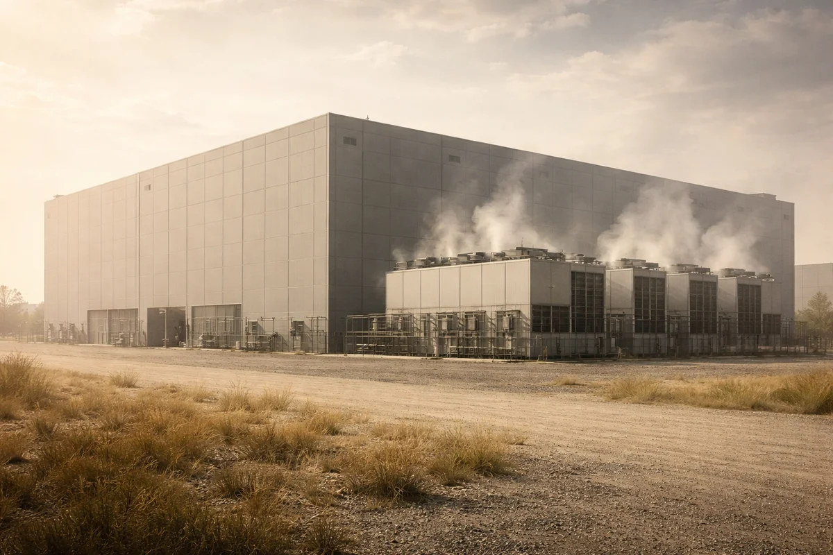 Centro de datos industrial con sistemas de refrigeración funcionando en un entorno caluroso