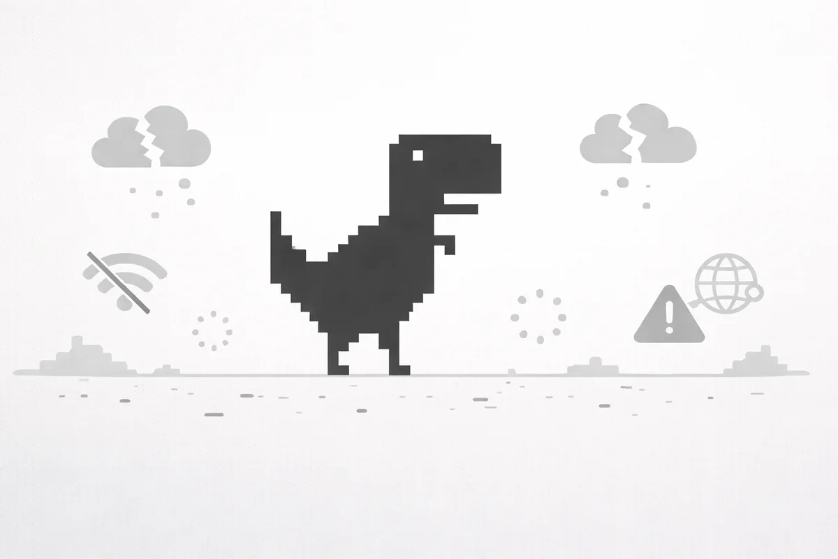 Dinosaurio pixelado en pantalla sin conexión con iconos de red caída y alerta digital