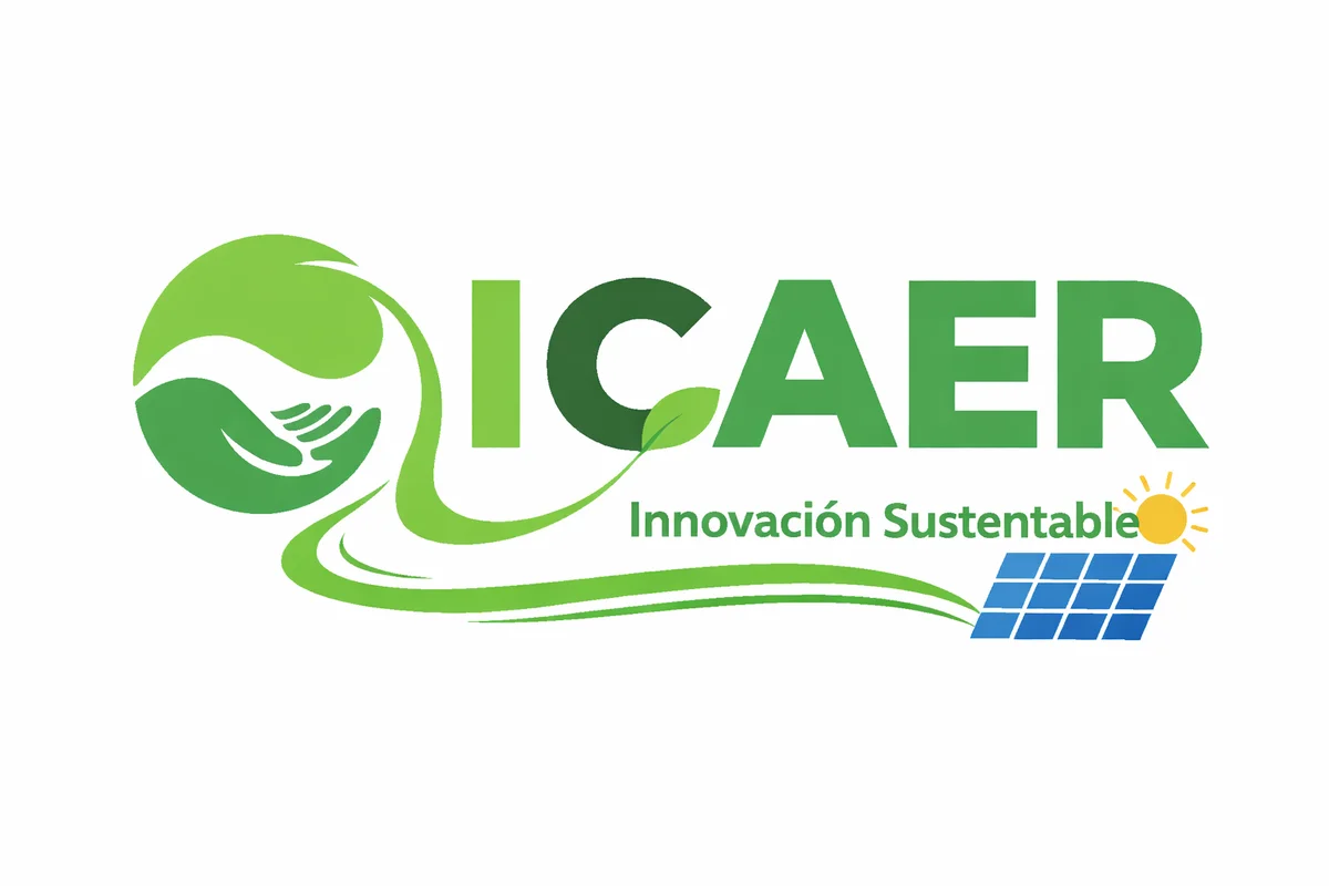 Logo de ICAER con manos, hoja verde y panel solar, símbolo de innovación sustentable