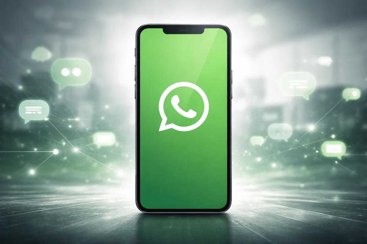 Smartphone con el logo de WhatsApp sobre fondo digital opaco